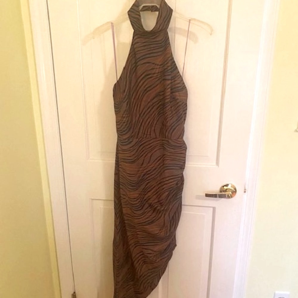 Asymmetrical Mock Neck Halter Ruched Midi Dress